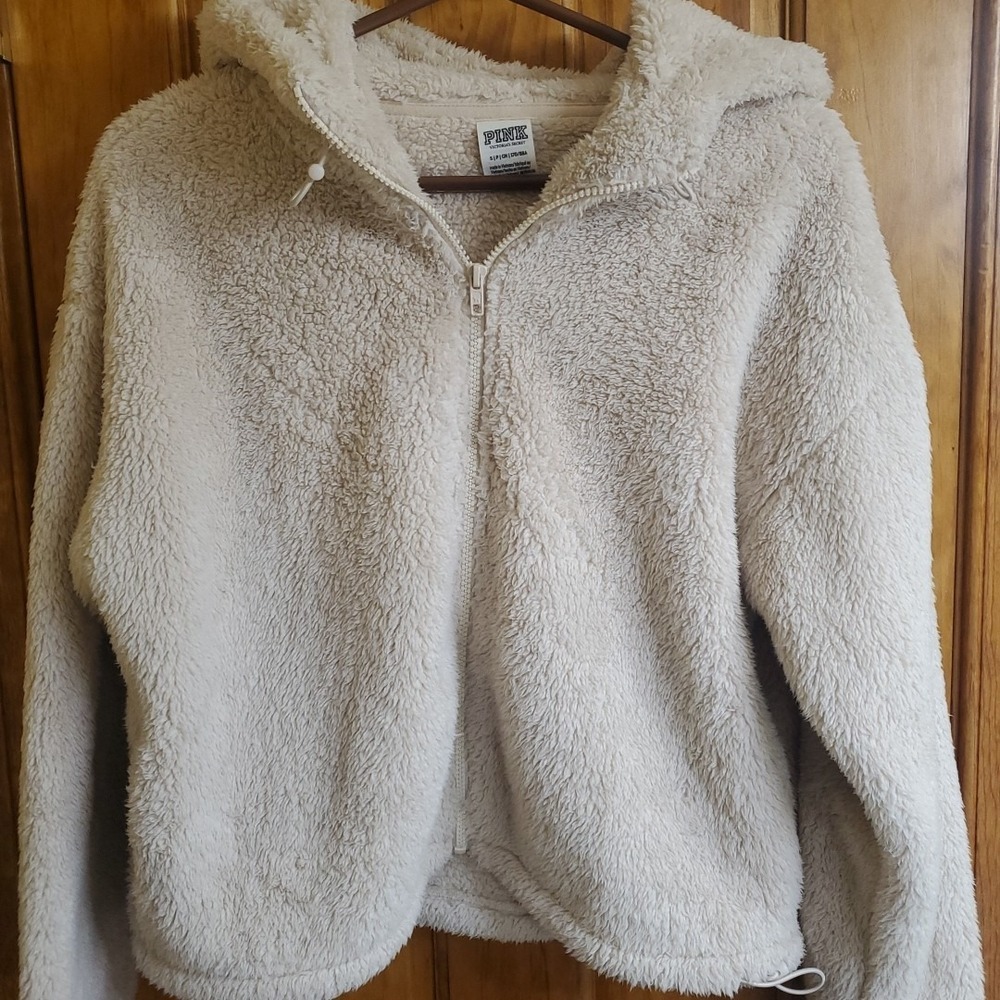 Victoria's Secret Pink Sherpa Hooded Jacket Sz S Ivory